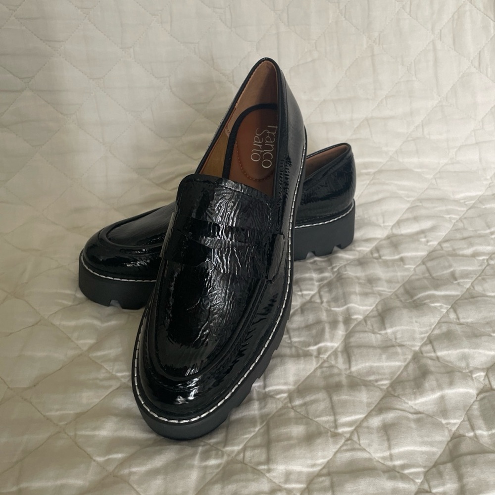 Franco Sarto Black Patent Leather Chunky Sole Loafers Size 7